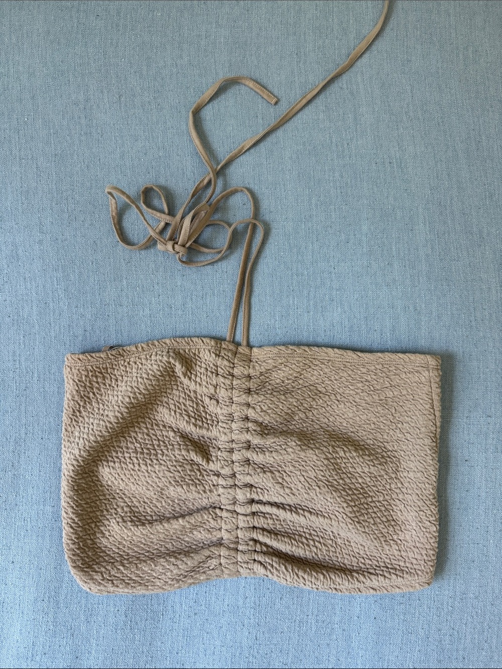 & Other Stories Beige Textured Ruched Strapless Crop Top